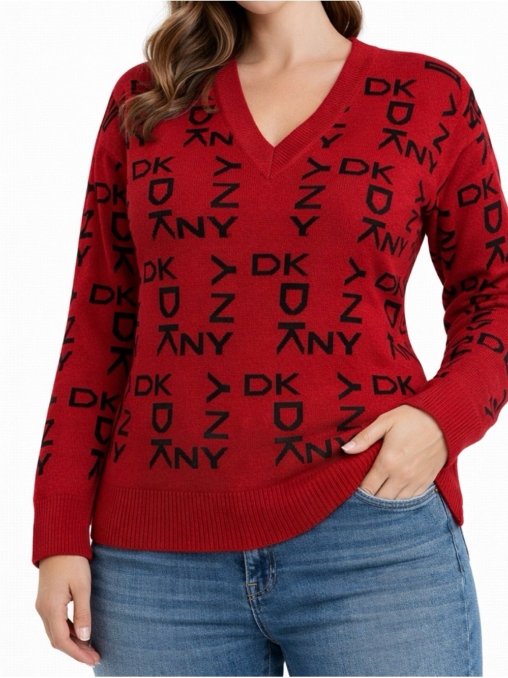 DKNY Red V-Neck Logo Knit Pullover - Picture 1 of 5